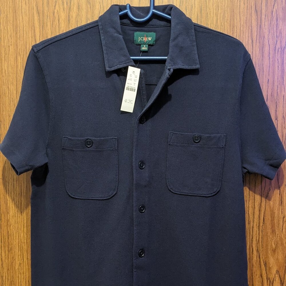J. Crew Camp Collar Cotton Pique Button Up Short Sleeve Shirt Navy Blue Small